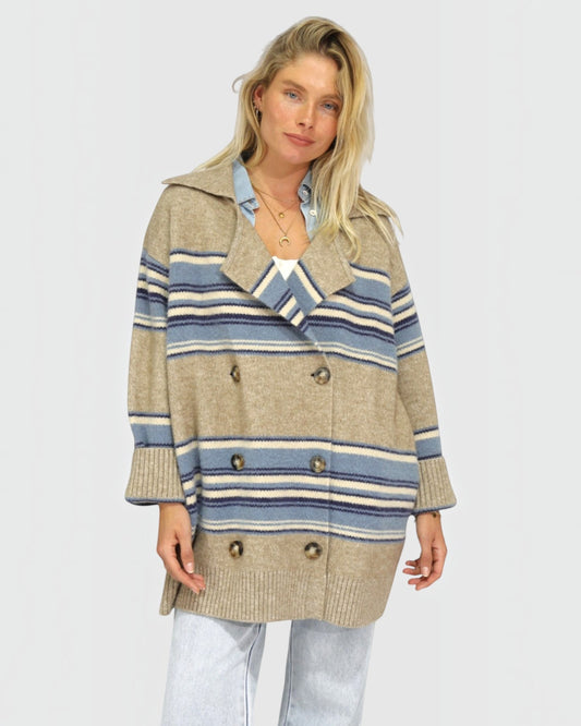 So Many Likes Oversized Knitted Cardi Coat - Beige/Blue