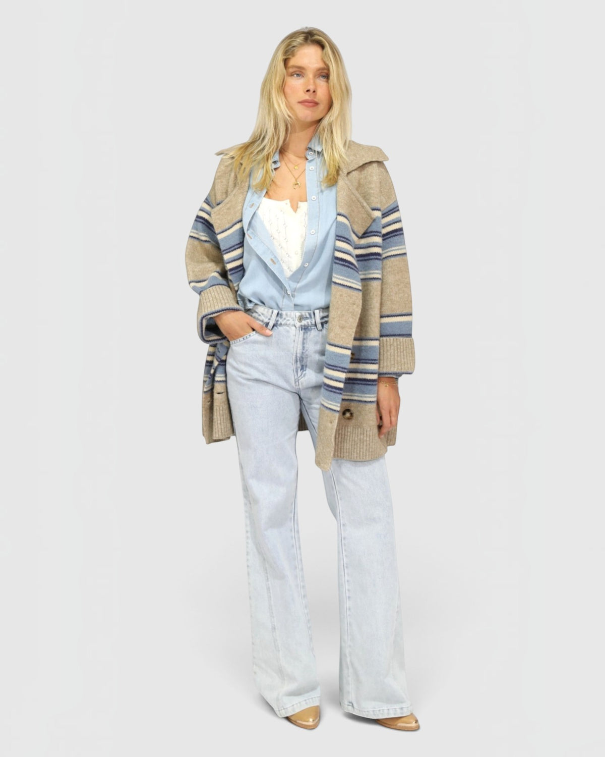 So Many Likes Oversized Knitted Cardi Coat - Beige/Blue
