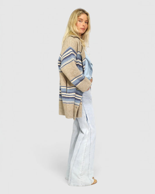 So Many Likes Oversized Knitted Cardi Coat - Beige/Blue