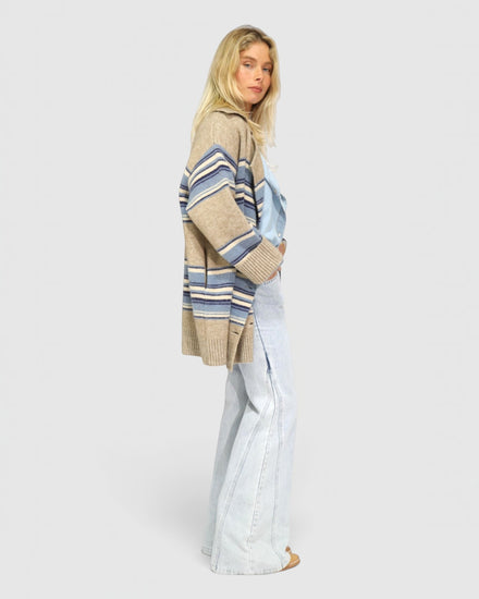 So Many Likes Oversized Knitted Cardi Coat - Beige/Blue