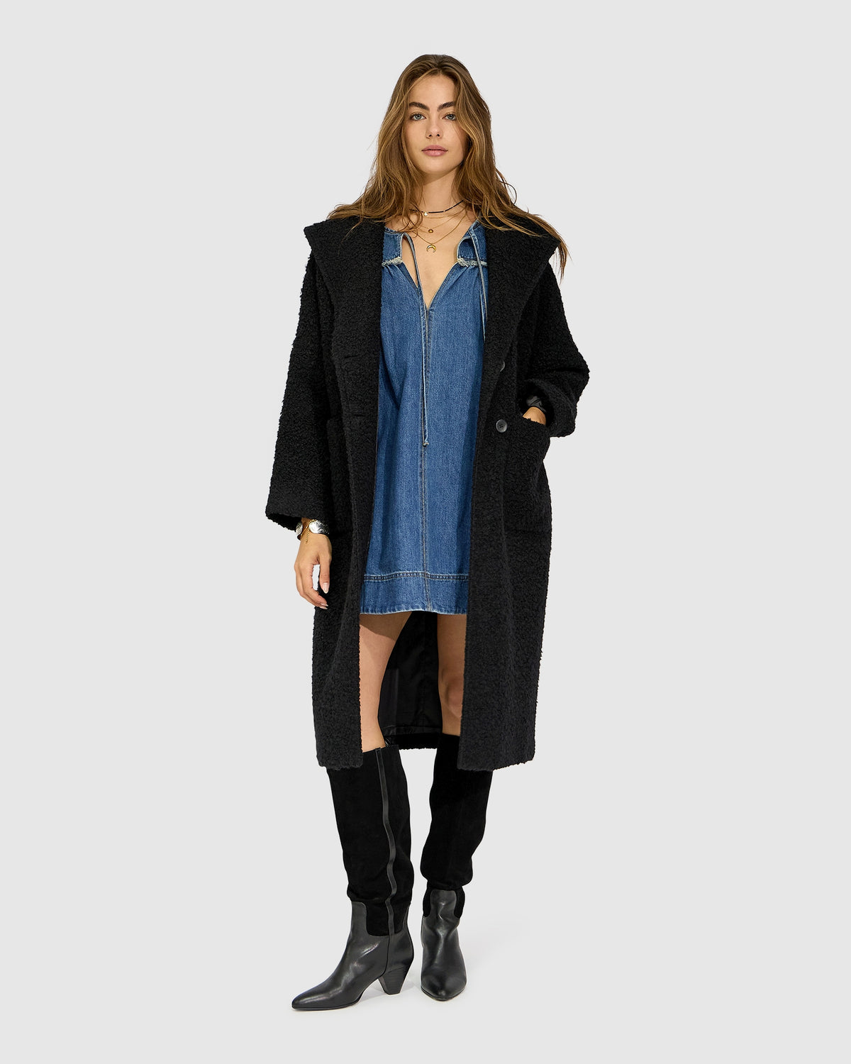 Young Love Hooded Boucle Coat - Black