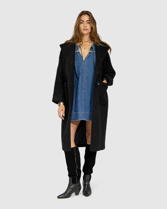 Young Love Hooded Boucle Coat - Black