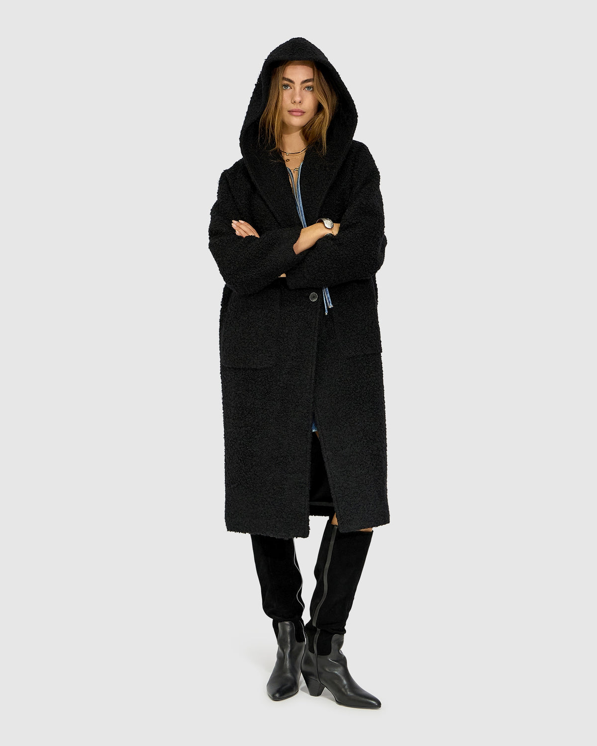 Young Love Hooded Boucle Coat - Black