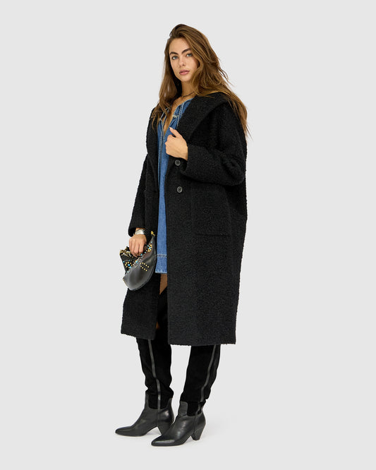 Young Love Hooded Boucle Coat - Black