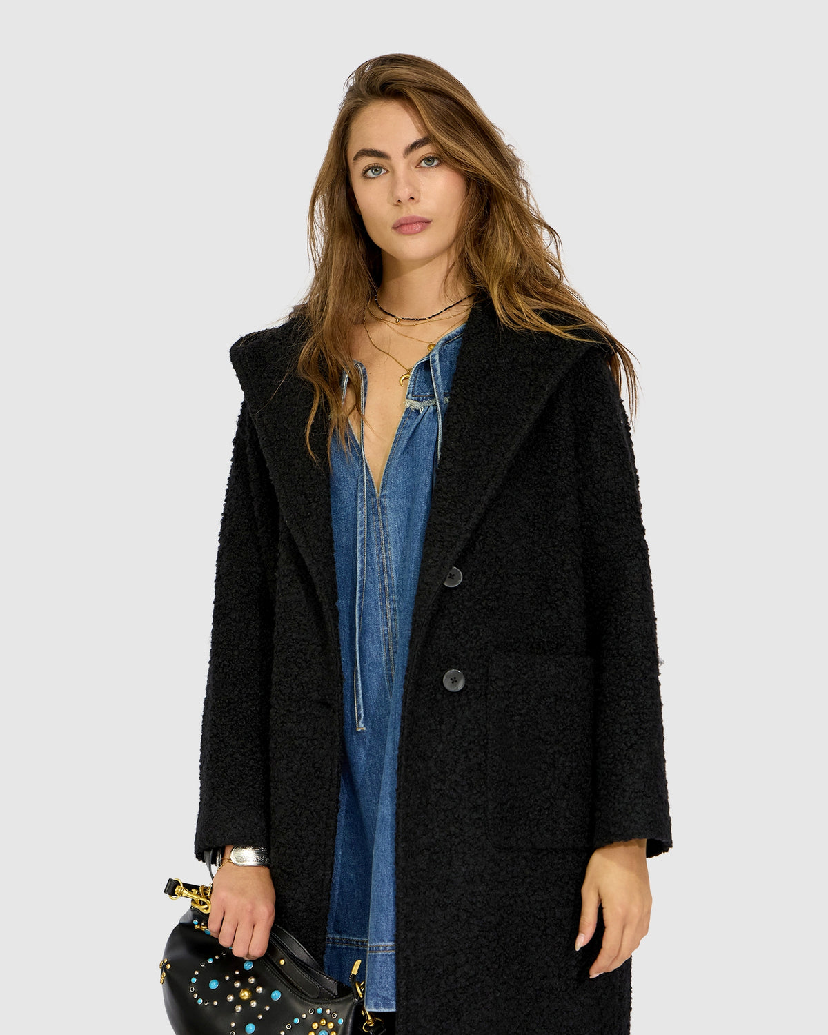 Young Love Hooded Boucle Coat - Black