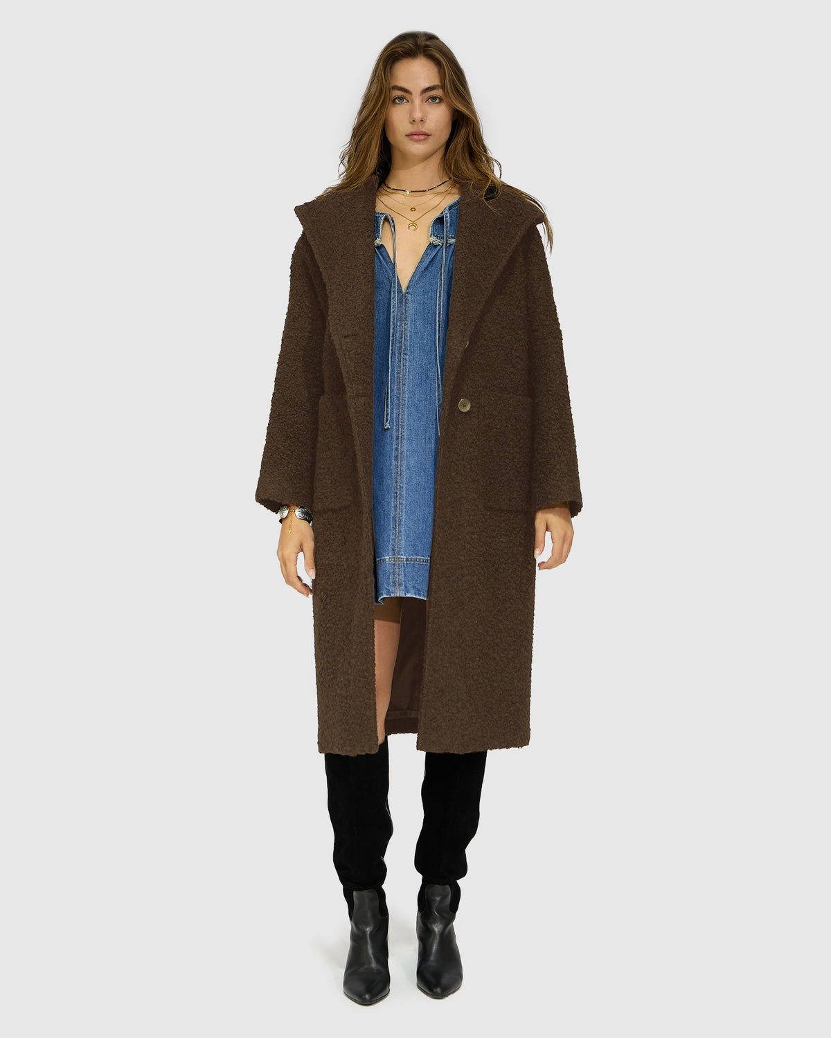 Young Love Hooded Boucle Coat - Chocolate