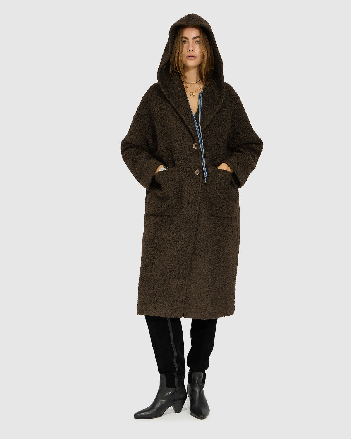 Young Love Hooded Boucle Coat - Chocolate