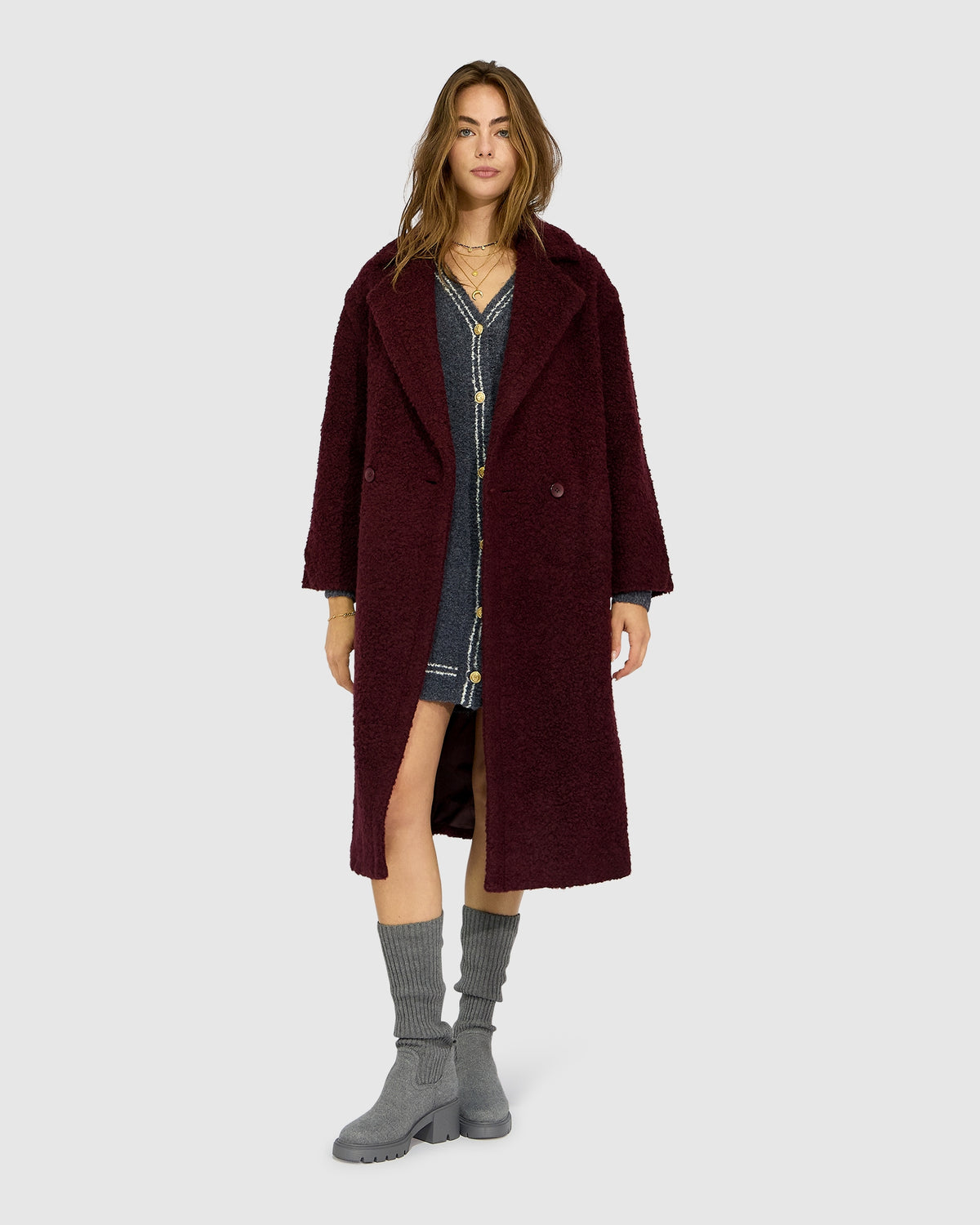 Winter Valley Double Breasted Cocoon Coat - Burgundy