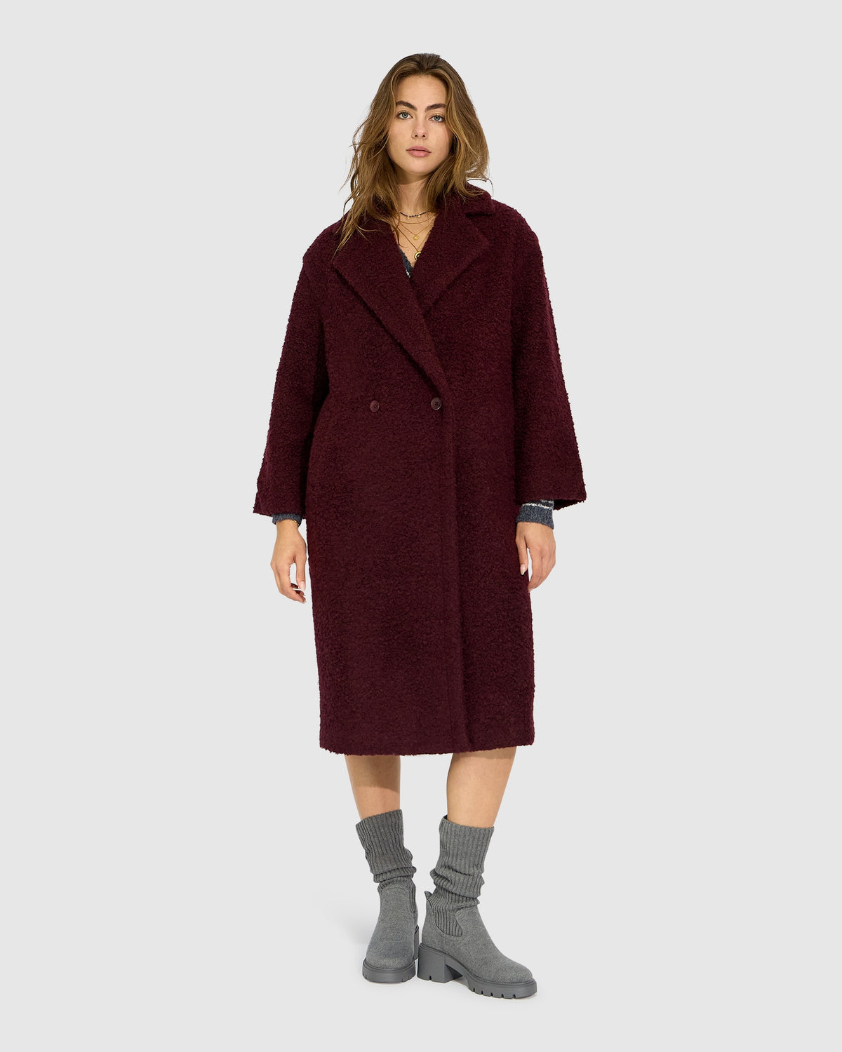 Winter Valley Double Breasted Cocoon Coat - Burgundy