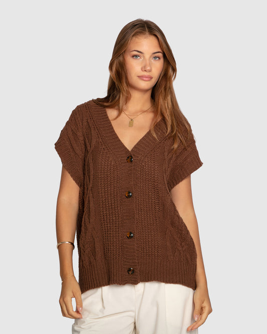 Rosette Oversized Knitted Vest - Chocolate
