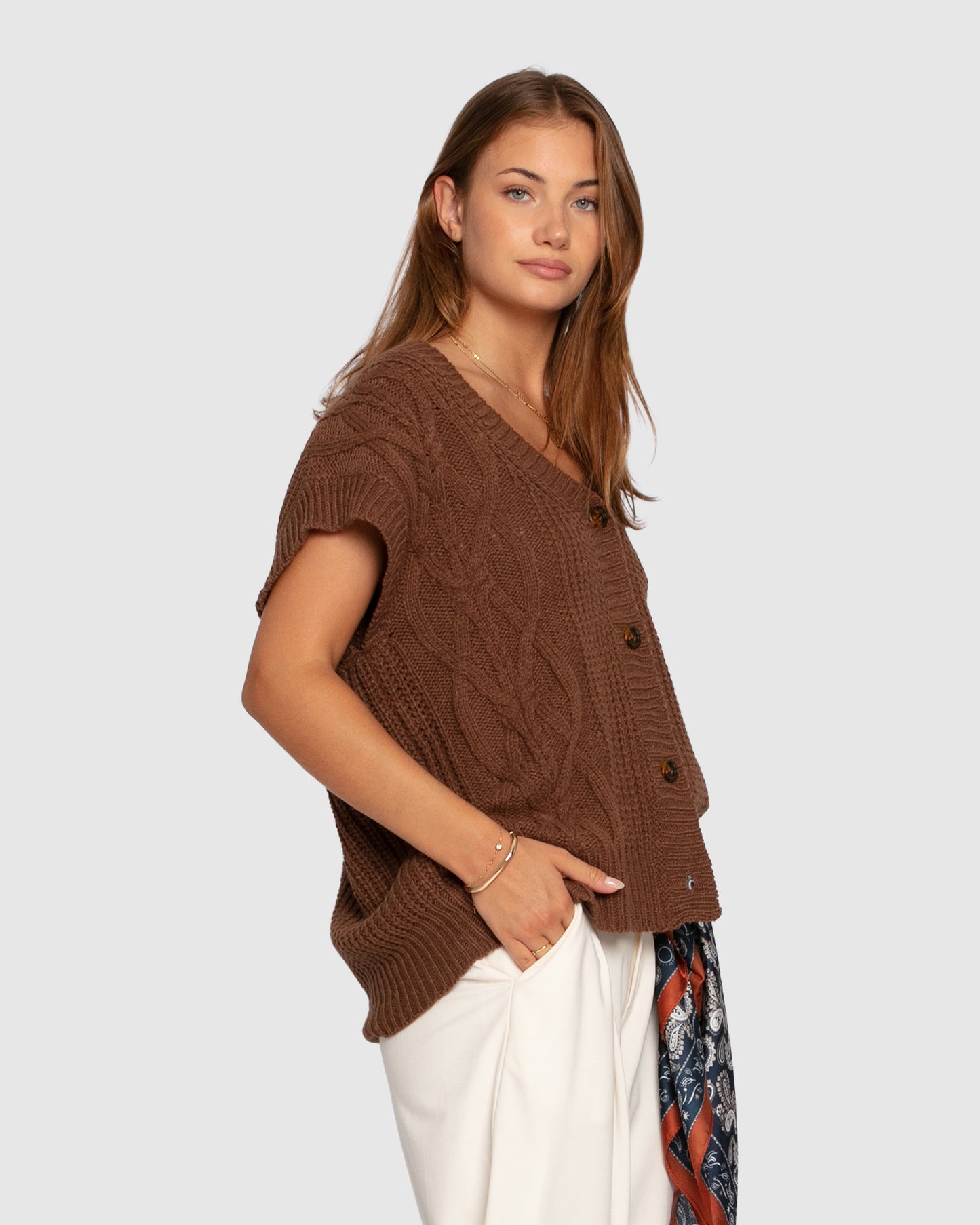 Rosette Oversized Knitted Vest - Chocolate