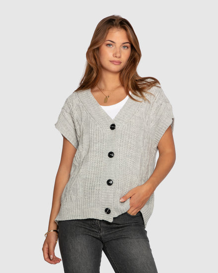 Rosette Oversized Knitted Vest - Grey