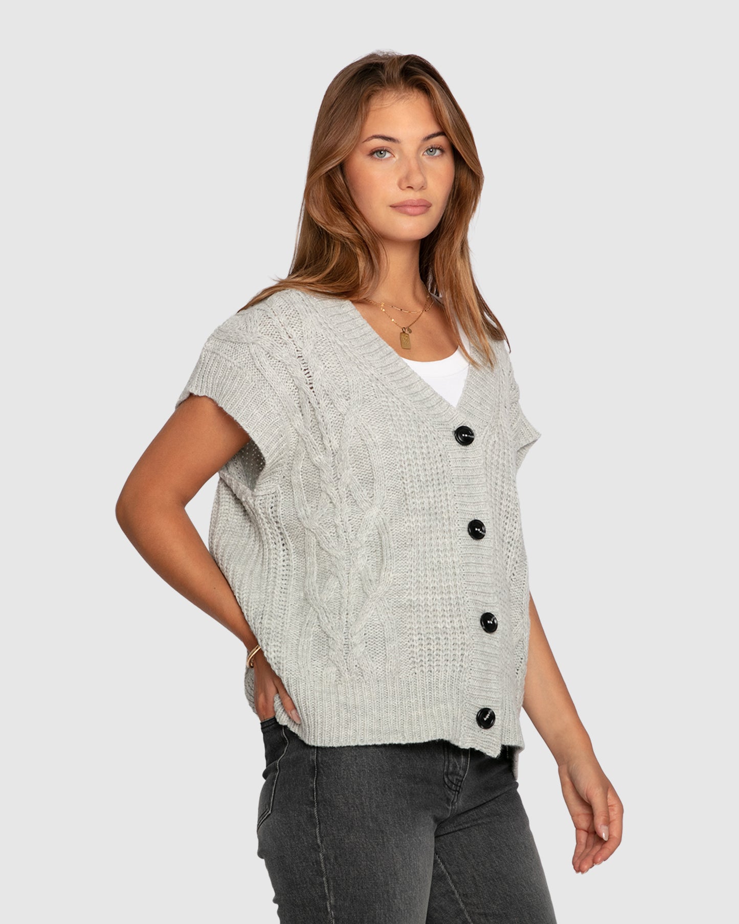 Rosette Oversized Knitted Vest - Grey