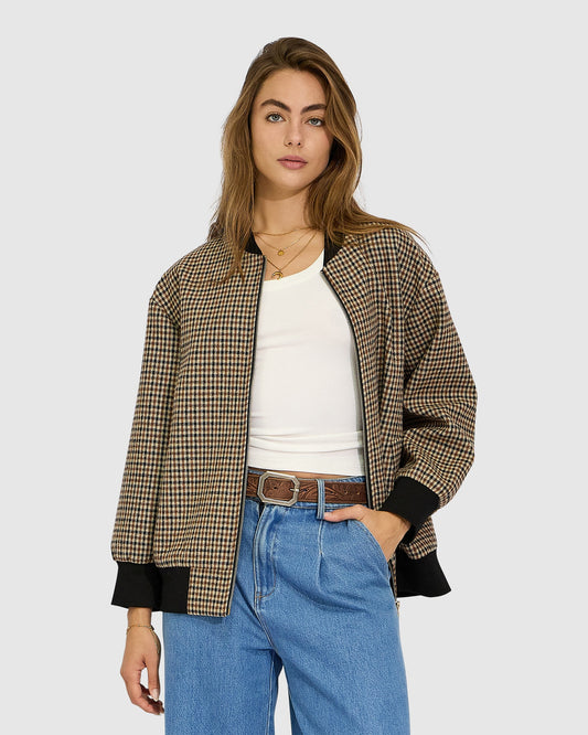 Coffee Run Ribbed Collar Check Bomber - Oat Check