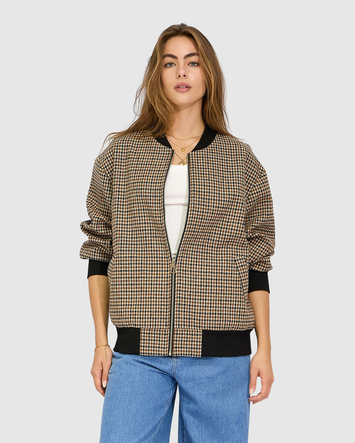 Coffee Run Ribbed Collar Check Bomber - Oat Check