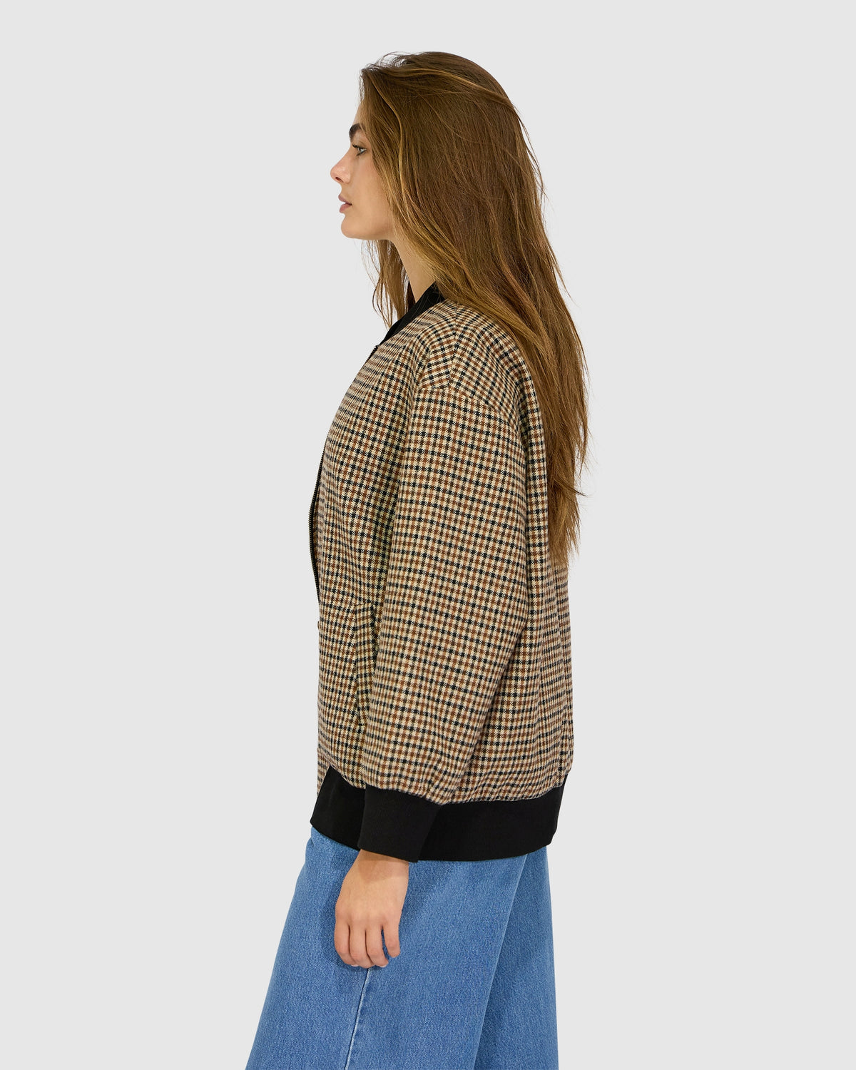 Coffee Run Ribbed Collar Check Bomber - Oat Check