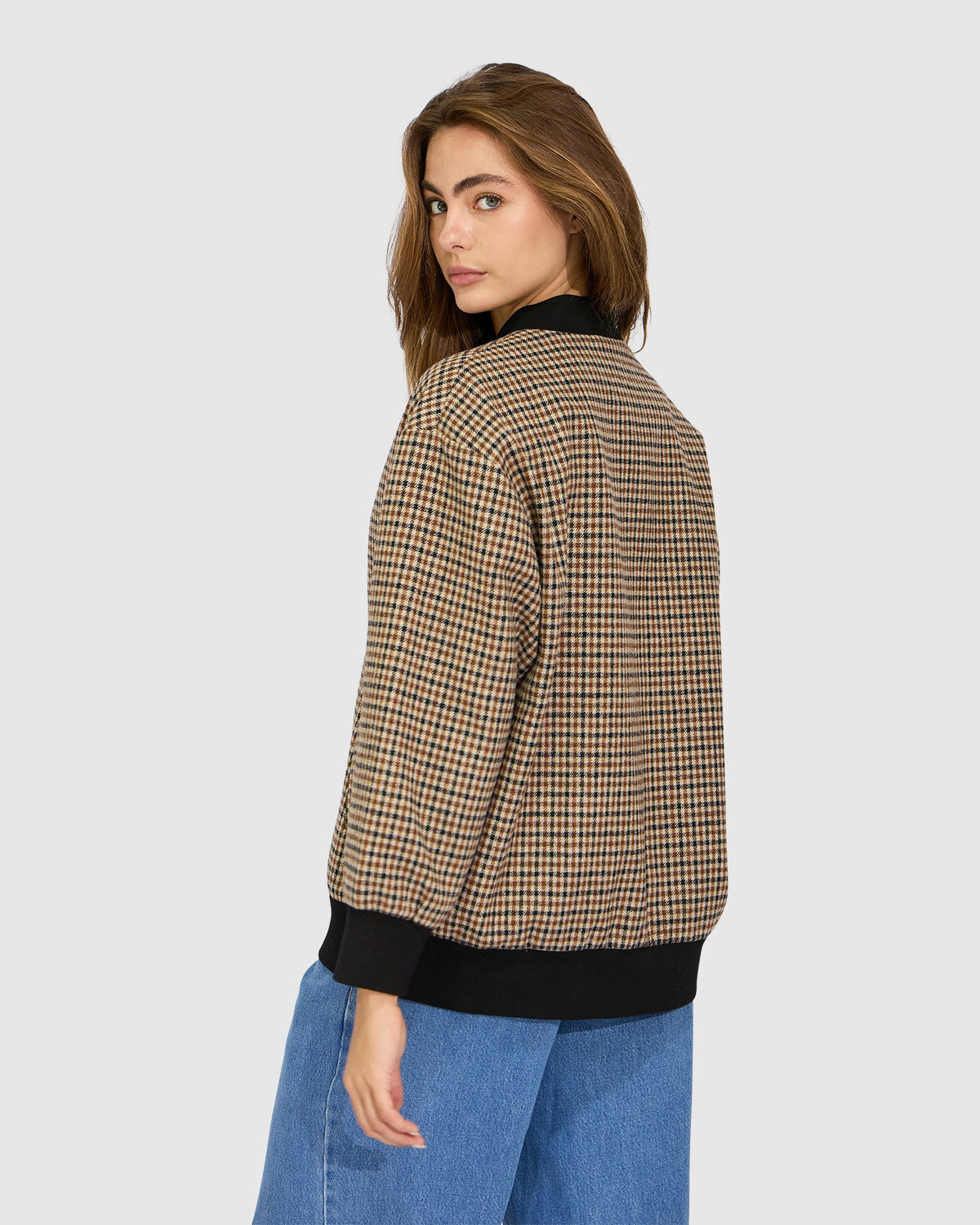 Coffee Run Ribbed Collar Check Bomber - Oat Check