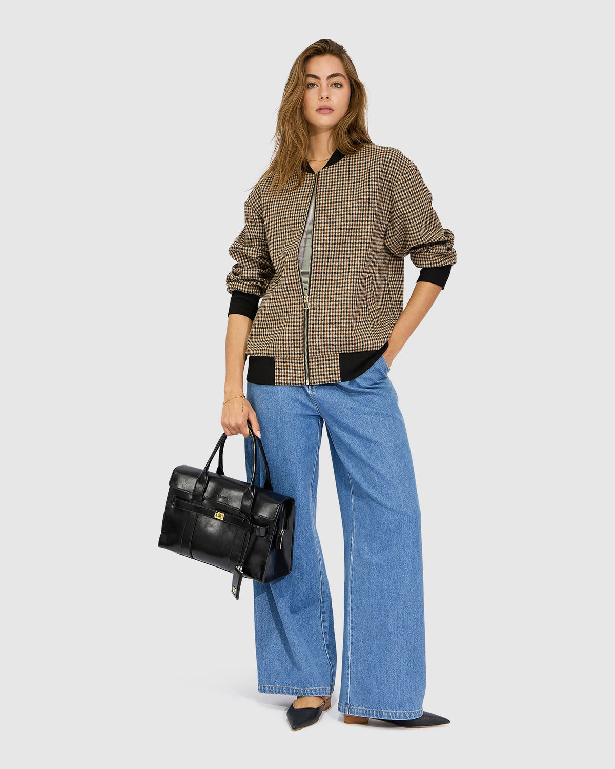Coffee Run Ribbed Collar Check Bomber - Oat Check