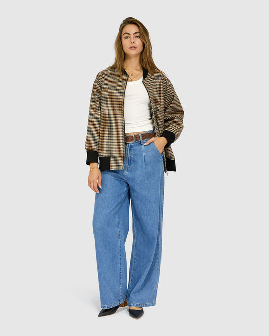 Coffee Run Ribbed Collar Check Bomber - Oat Check