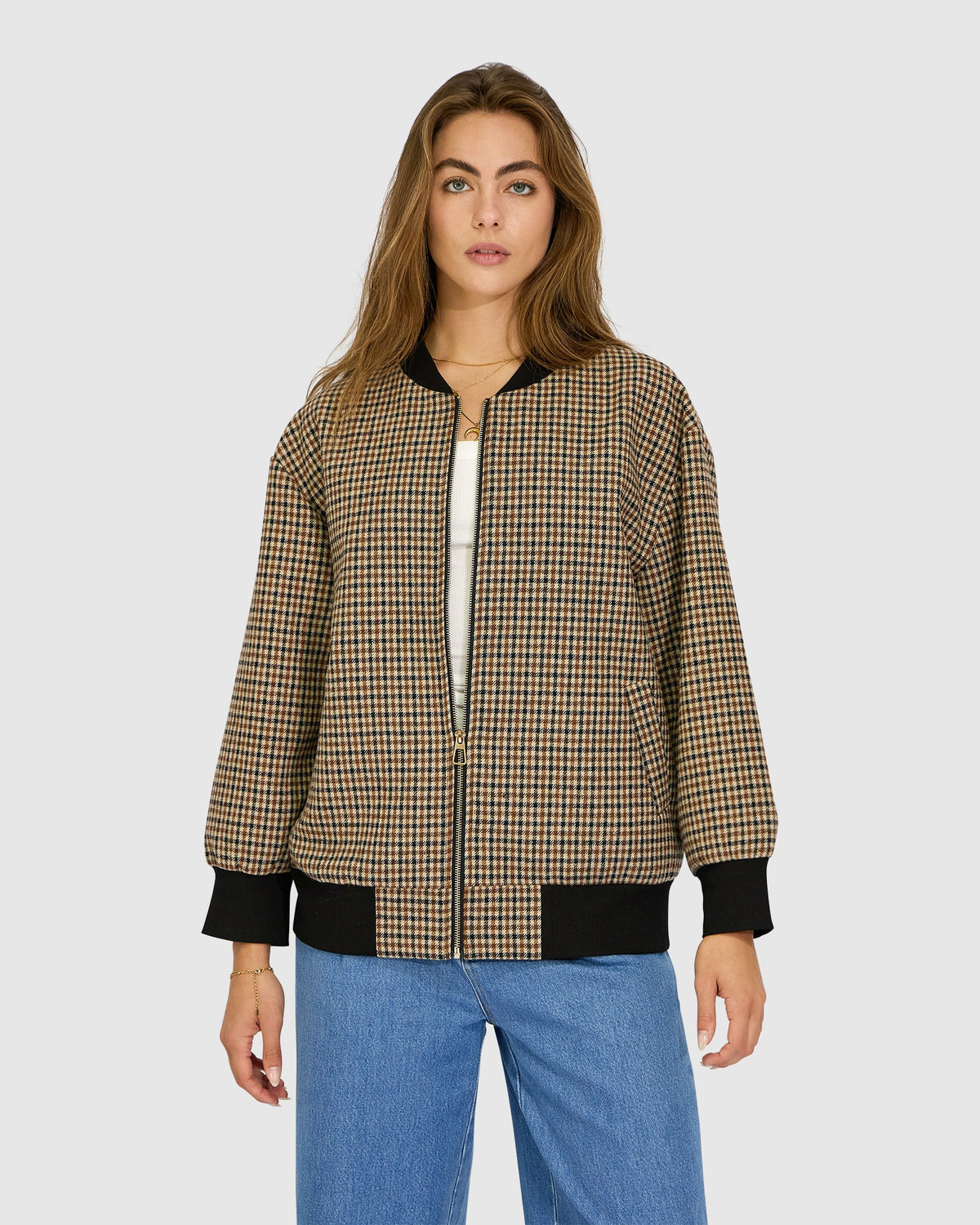 Coffee Run Ribbed Collar Check Bomber - Oat Check