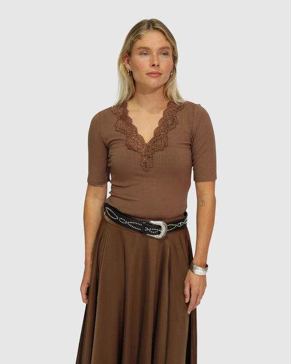 Soft Touch Ribbed Lace Tee - Chocolate
