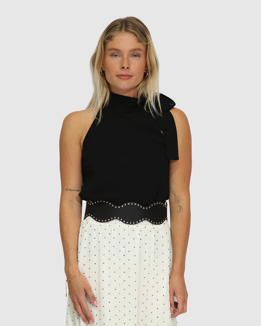 Bare It All Bias Tie Neck Top - Black