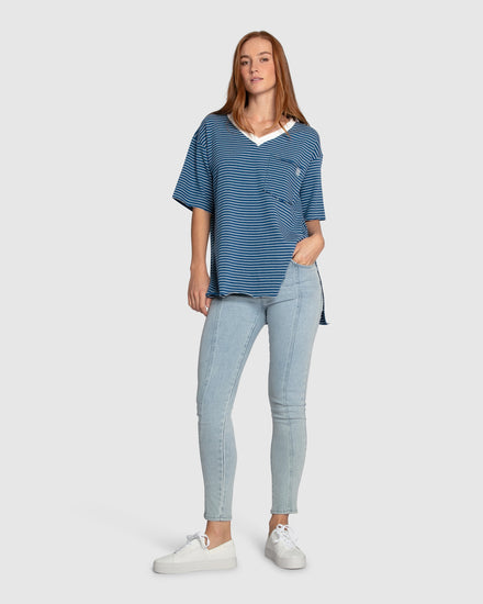 Brave Soul Oversized Striped T-Shirt - Blue/White