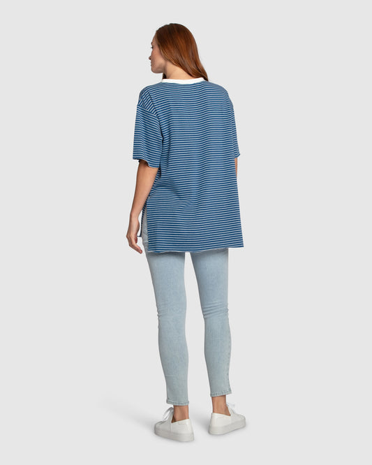 Brave Soul Oversized Striped T-Shirt - Blue/White