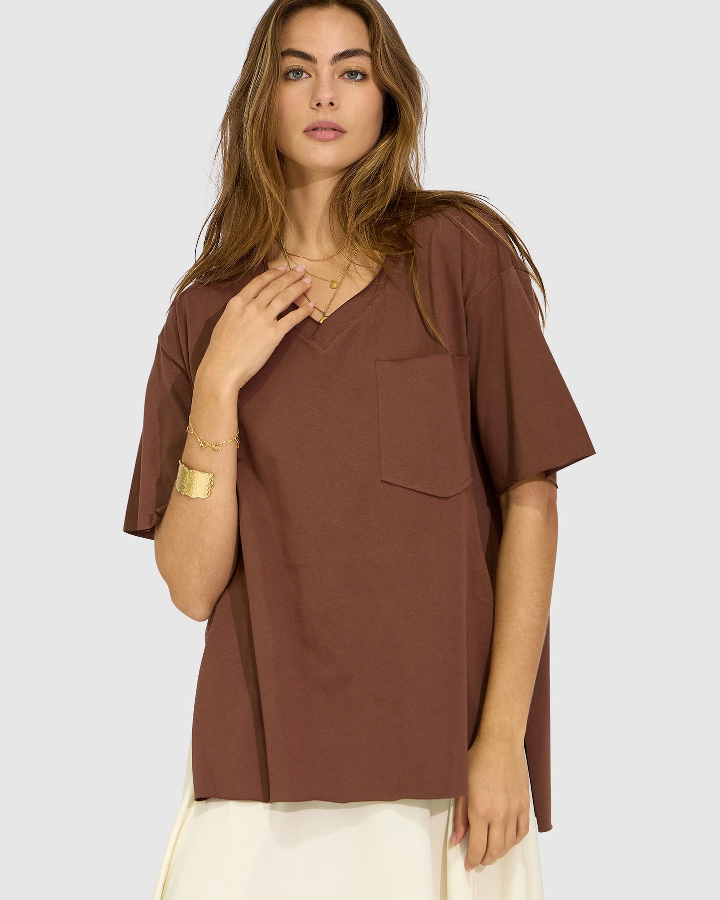 Chocolate Brave Soul Oversized T-Shirt with v-Neck - alternate view