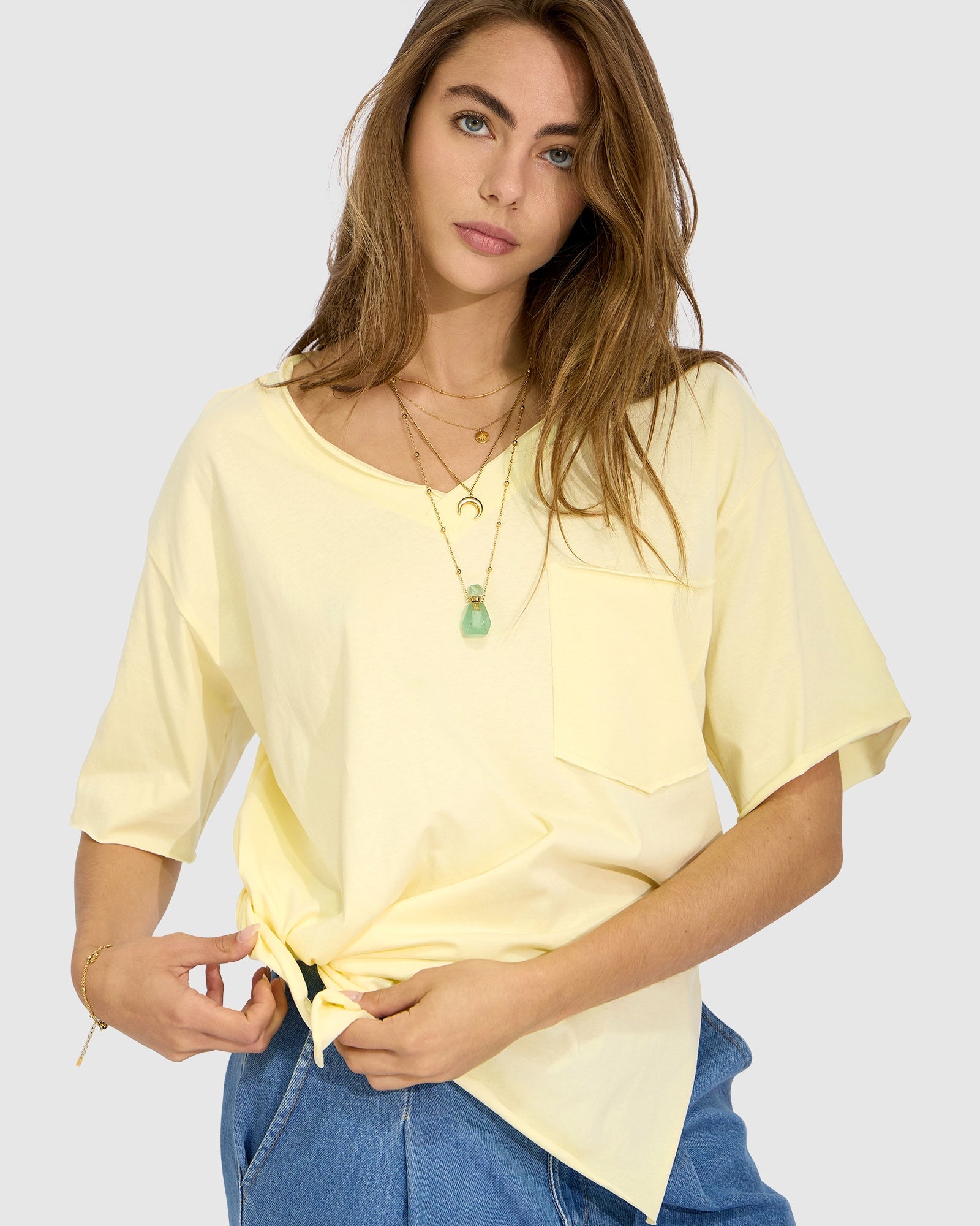 Lemon Brave Soul Oversized T-Shirt with oversized silhouette and V-neckline - front view