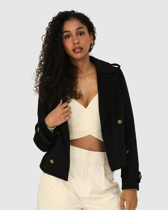 Better Off Wool Blend Military Peacoat - Black