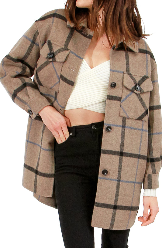 Back Together Wool Blend Belted Shacket - Oat Plaid