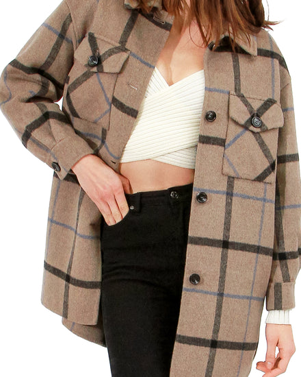 Back Together Wool Blend Belted Shacket - Oat Plaid