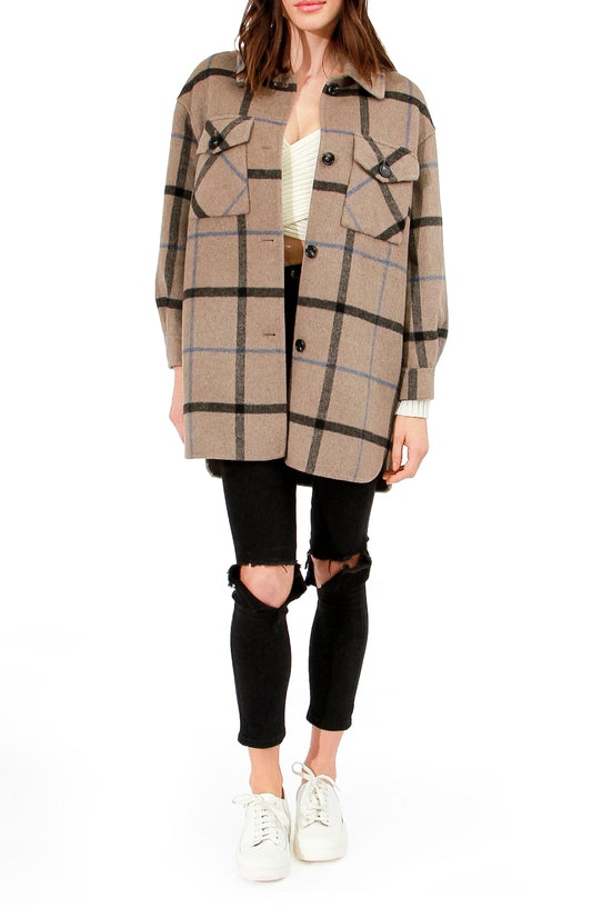 Back Together Wool Blend Belted Shacket - Oat Plaid