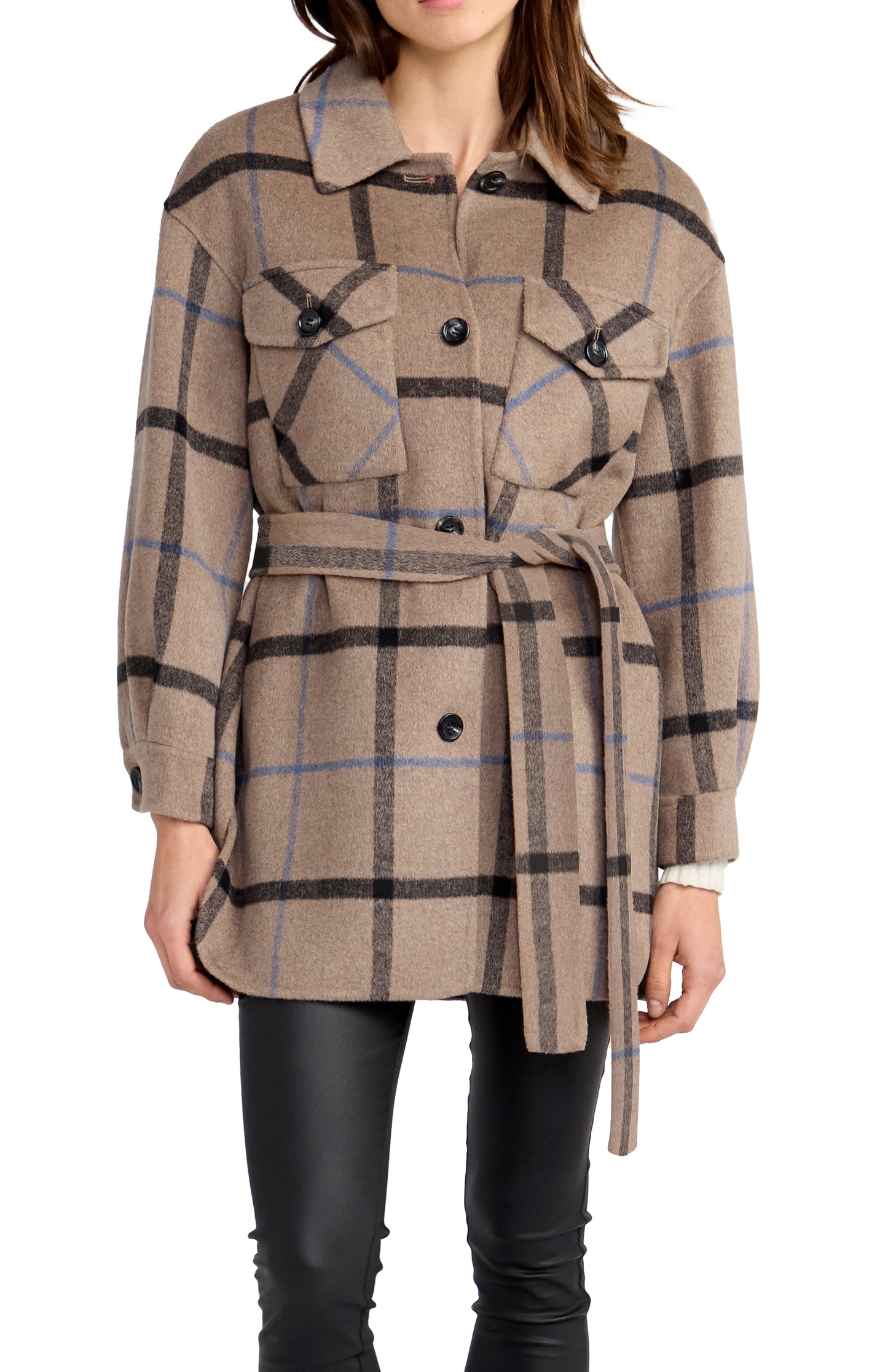 Back Together Wool Blend Belted Shacket - Oat Plaid