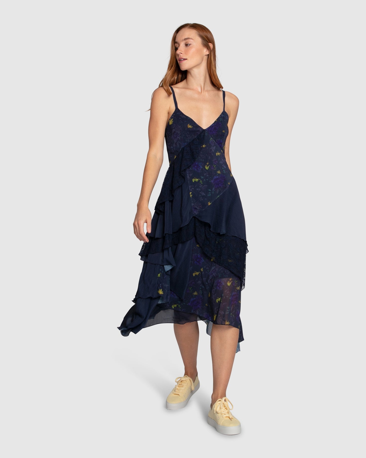 Charmed Floral Print Ruffle Midi Dress - Navy