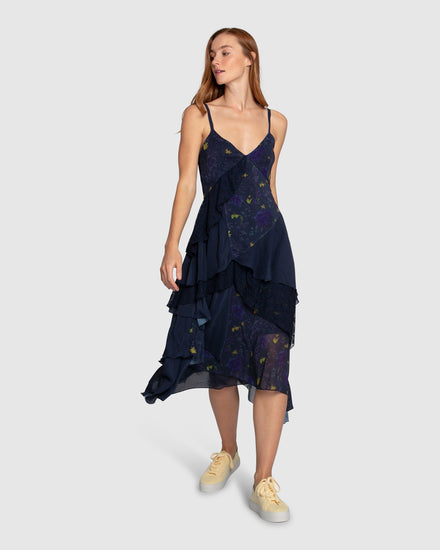 Charmed Floral Print Ruffle Midi Dress - Navy