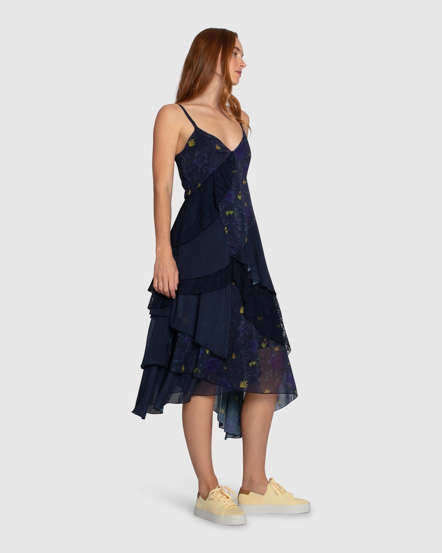 Charmed Floral Print Ruffle Midi Dress - Navy