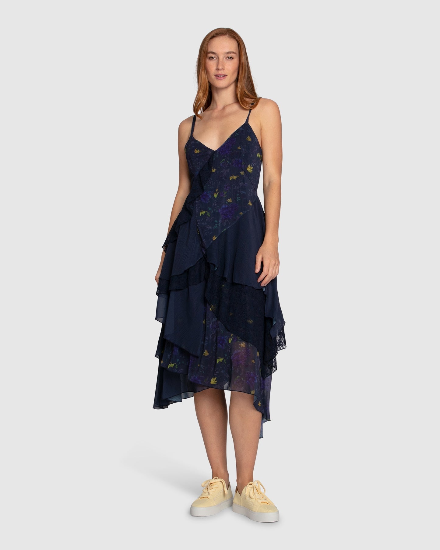 Charmed Floral Print Ruffle Midi Dress - Navy
