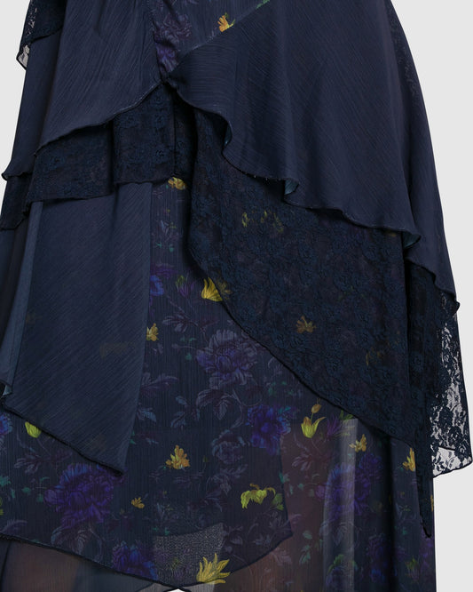 Charmed Floral Print Ruffle Midi Dress - Navy
