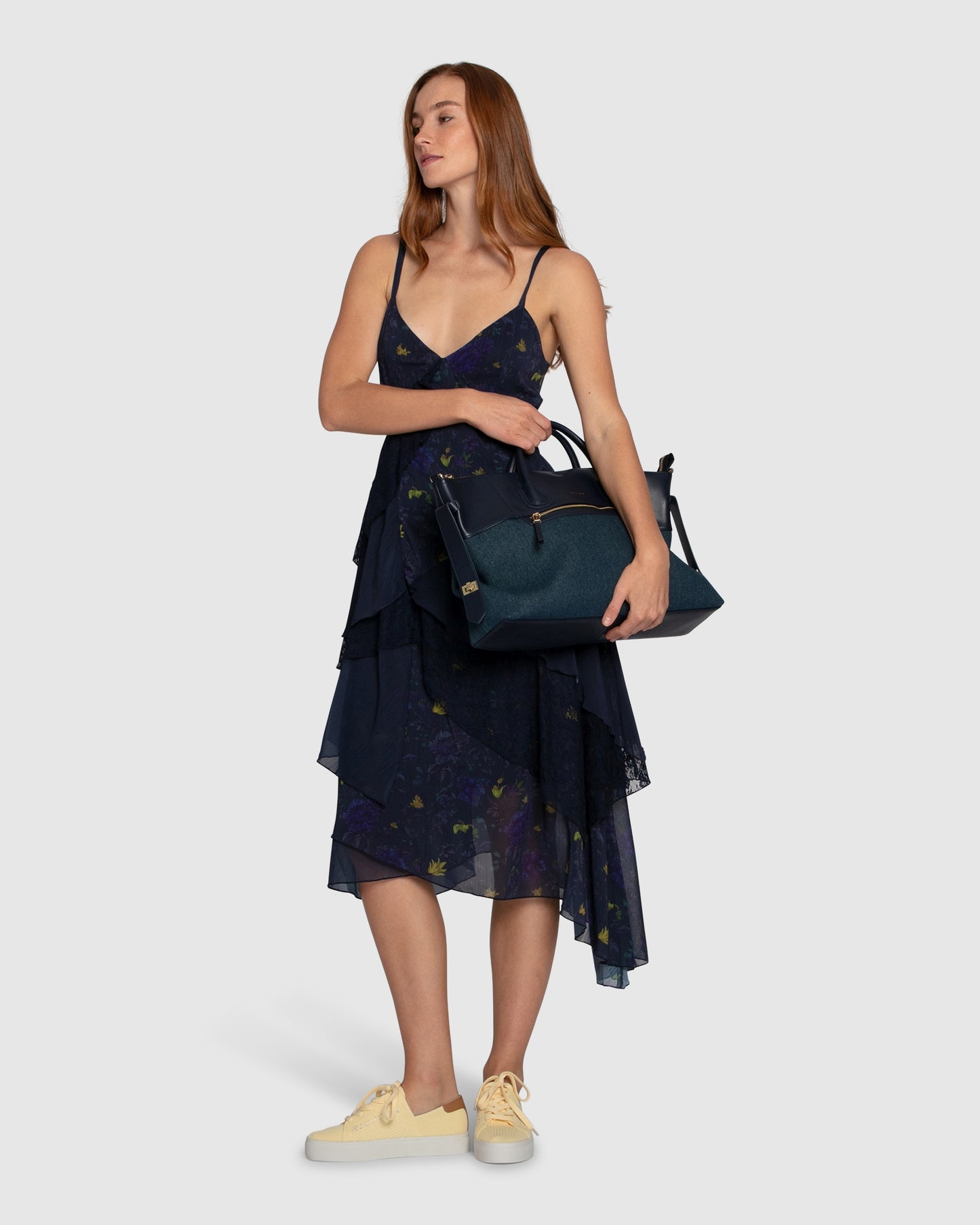 Charmed Floral Print Ruffle Midi Dress - Navy