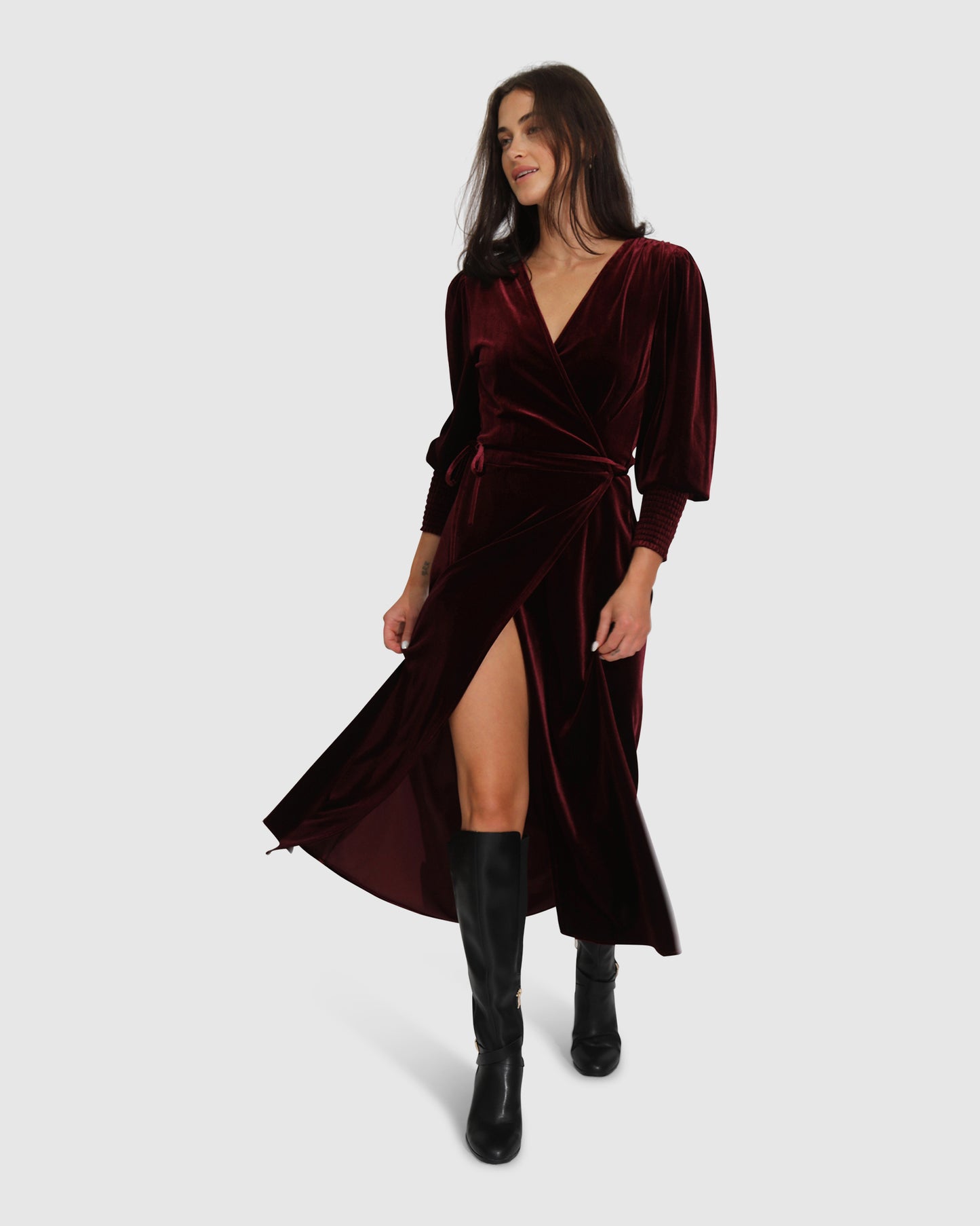 Current Mood Velvet Wrap Dress - Burgundy