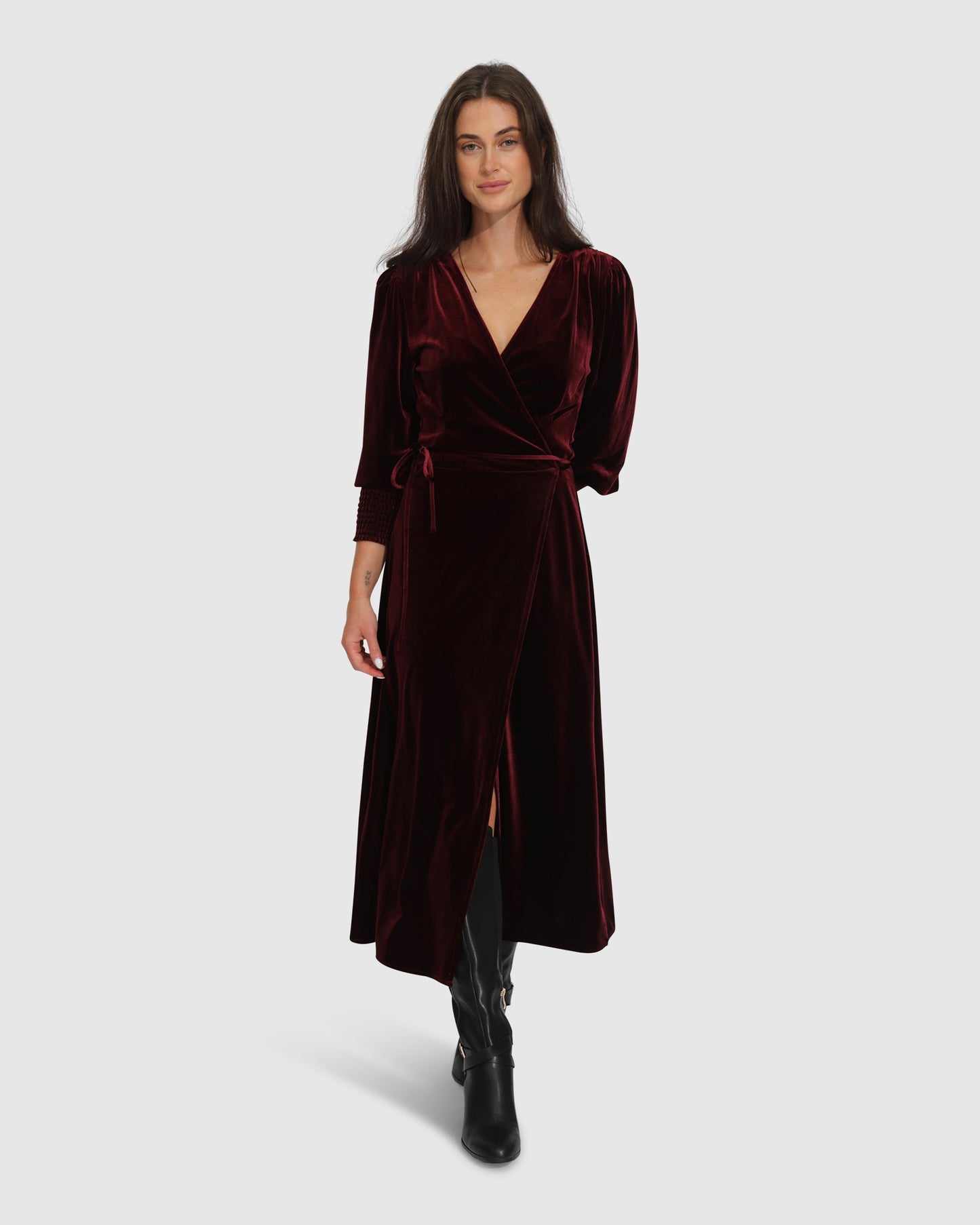 Current Mood Velvet Wrap Dress - Burgundy