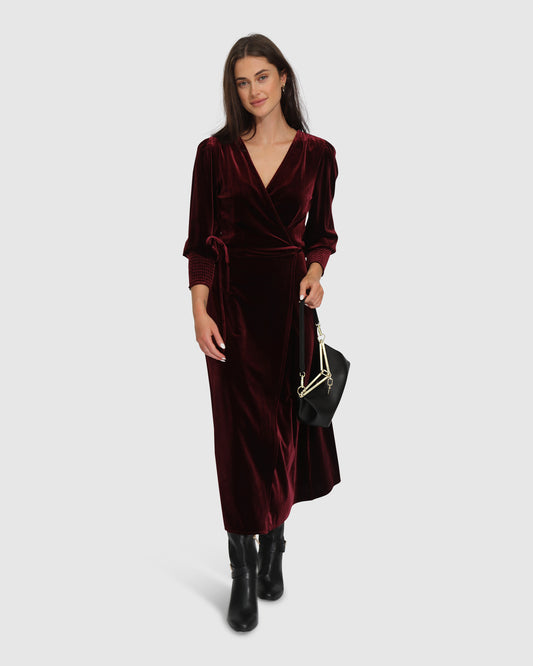 Current Mood Velvet Wrap Dress - Burgundy