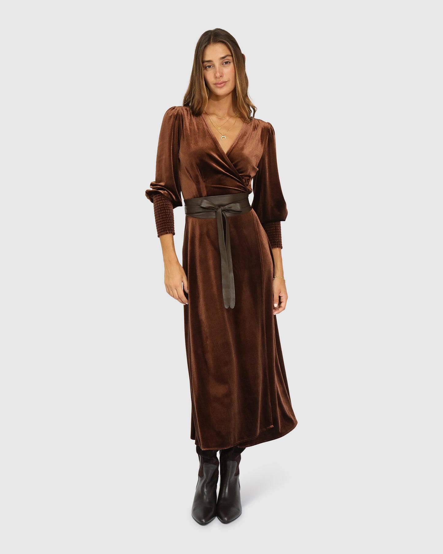 Current Mood Velvet Wrap Dress - Chocolate