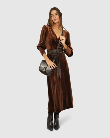 Current Mood Velvet Wrap Dress - Chocolate