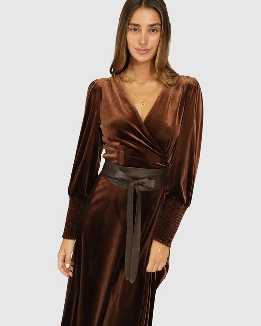 Current Mood Velvet Wrap Dress - Chocolate