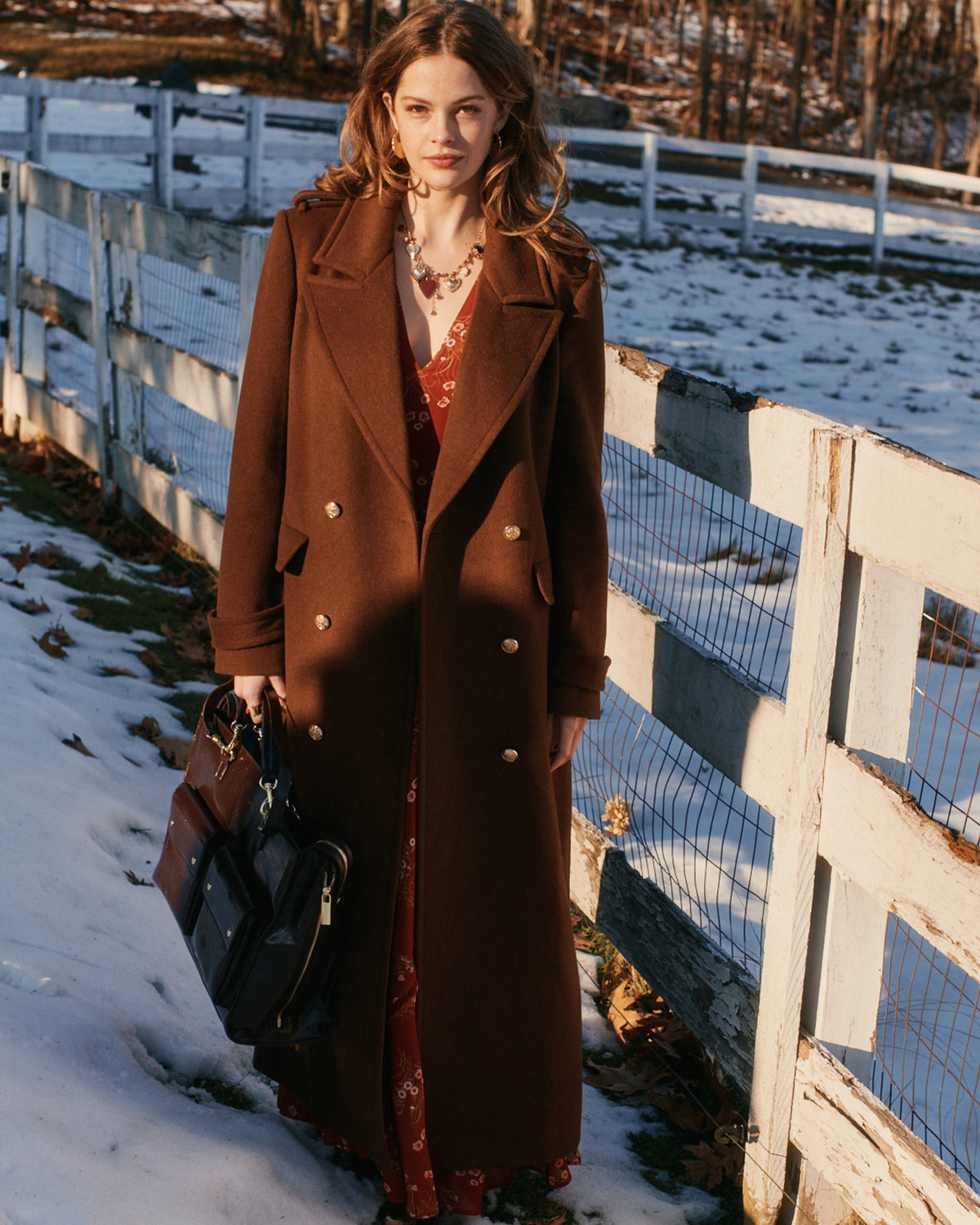 Chocolate Command Wool Blend Double-Breasted Maxi Coat with double-breasted front and statement gold button detailing - front
