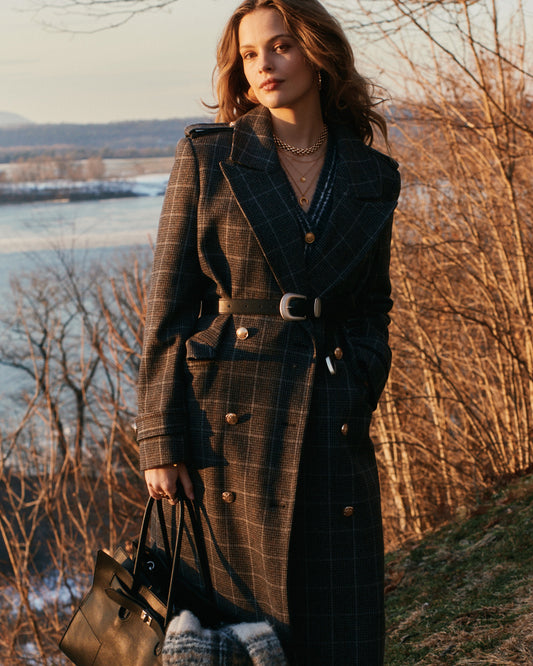 Command Wool Blend Double Breast Maxi Coat - Check