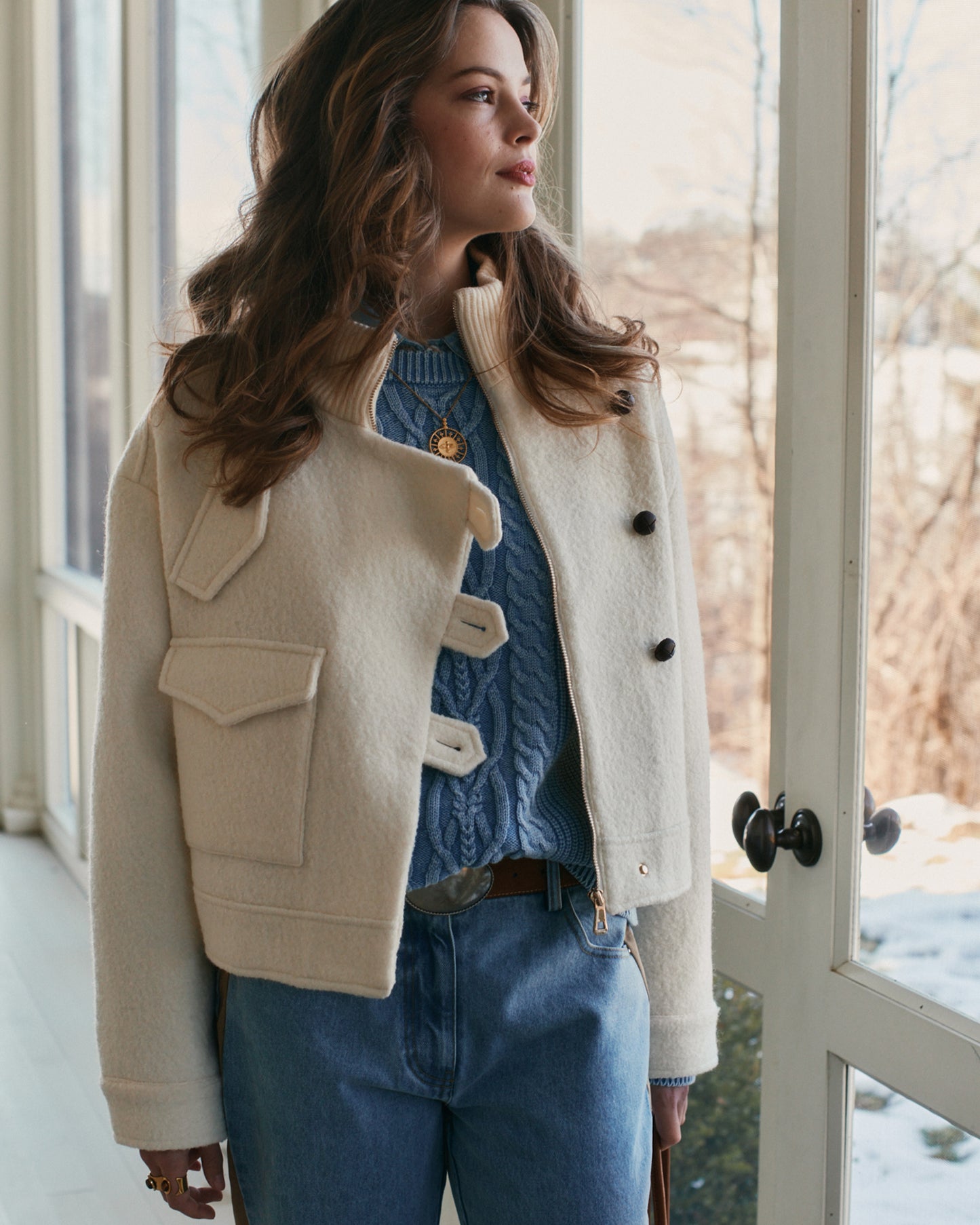 Crystal Skies Cropped Wool Rib Jacket - Cream